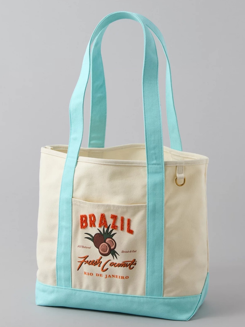 AE Ivory Aqua Blue Orange Beaded Off-Duty Destination Cotton Canvas Tote